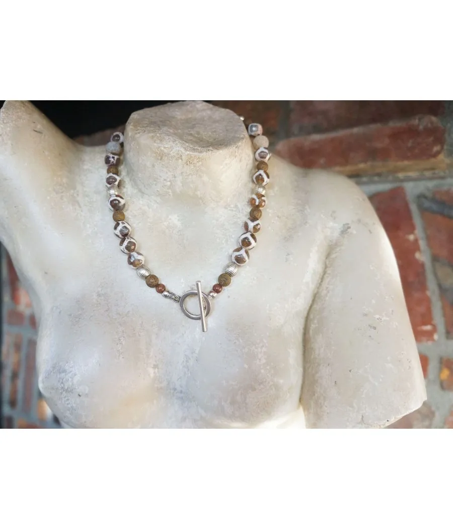 AGATES TIBETAINES TAUPES FERMOIR T CHIC SUR LE DEVANT  PIERRE DE LAVE AGATE CRAQUELEE LAITON COLLIER FAIT MAIN