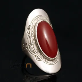 Bague en Argent Navette Gravée 43 Longue Pierre Agate Rouge b