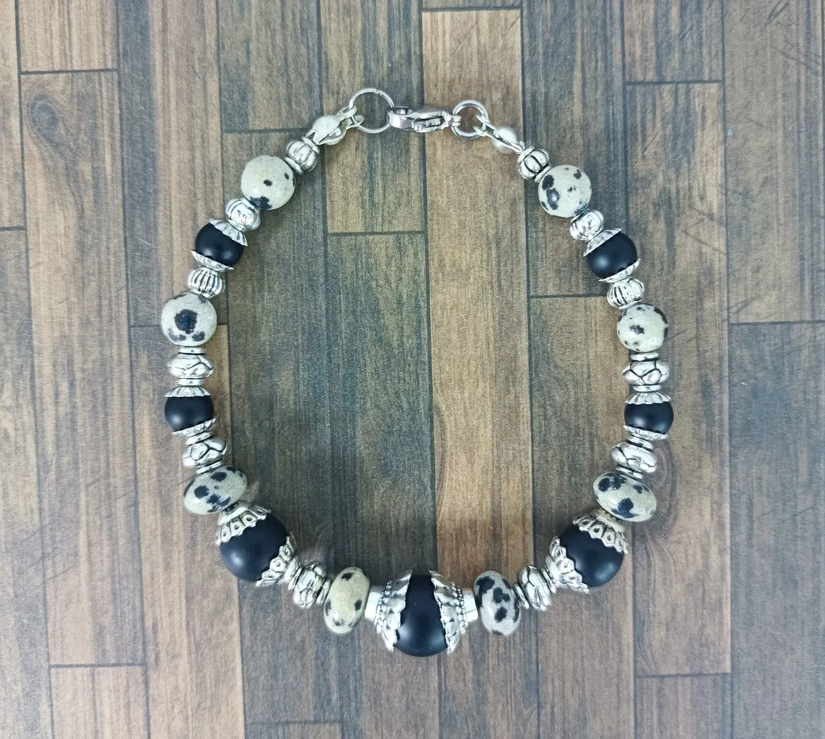 Bracelet agate noire et jaspe dalmatien