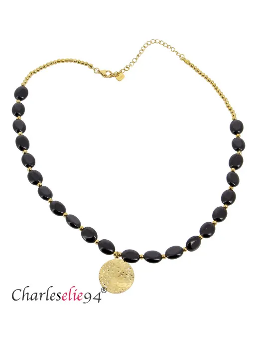 Collier acier doré et pierre agate noir femme chic C314