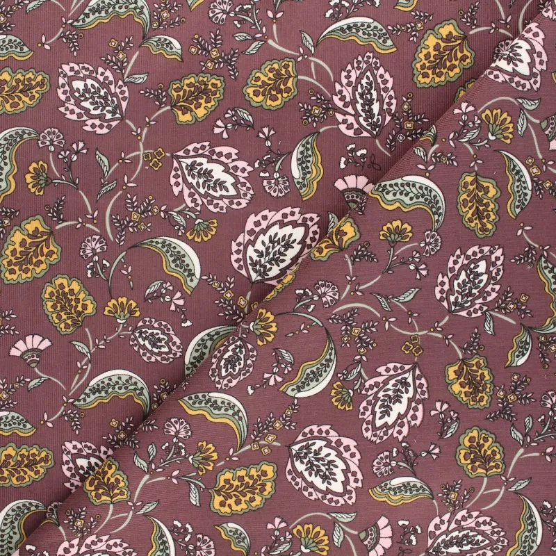 Coupon tissu velours milleraies Poppy Pretty flowers - violet (100 cm x 145 cm)