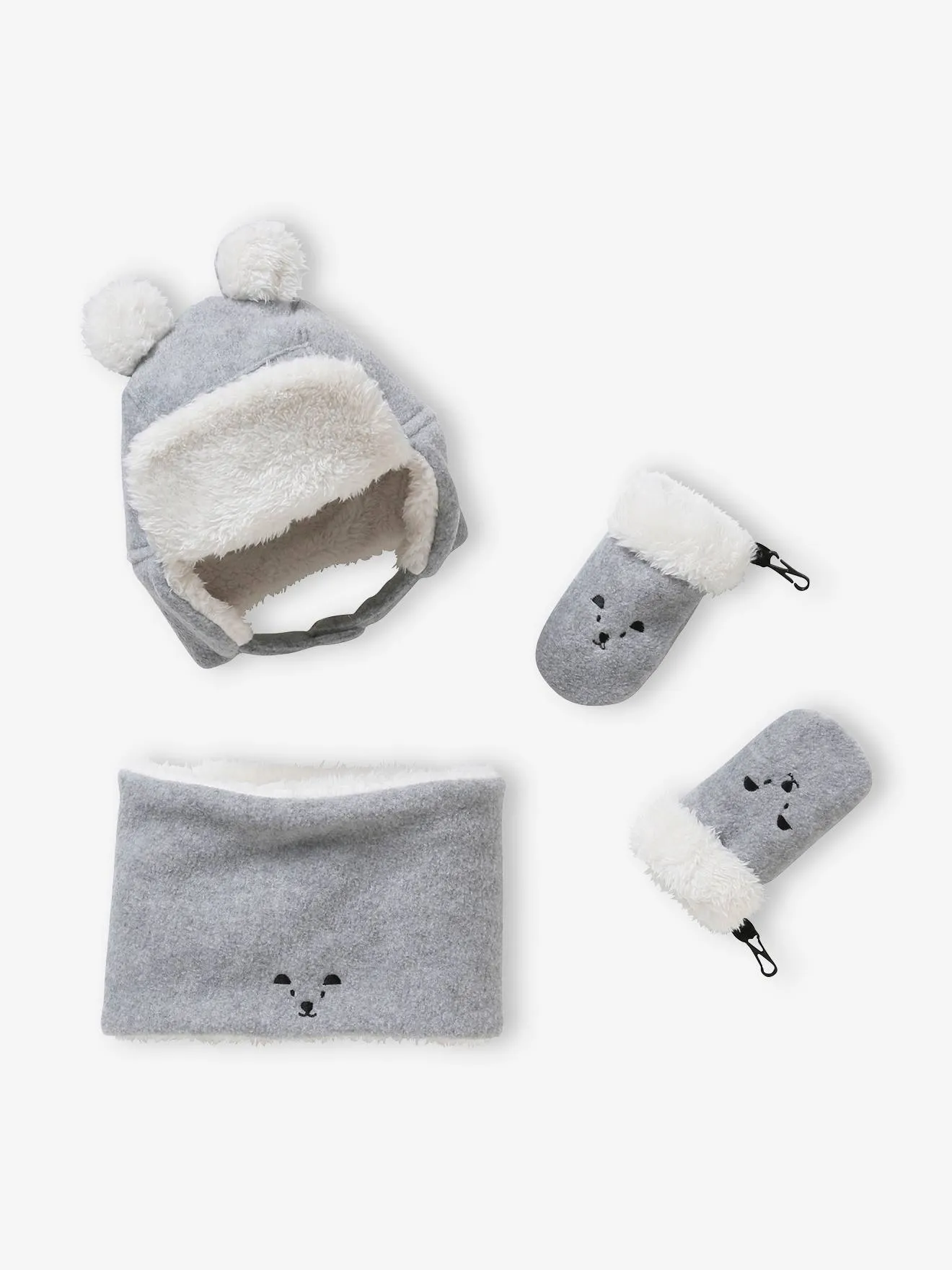 Ensemble ourson chapka + snood + moufles bébé gris clair - Vertbaudet
