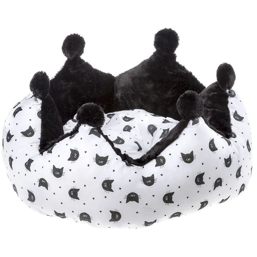 Lit rembourré couchage chats mikado avec coussin, fourrure écologique et coton, lavable