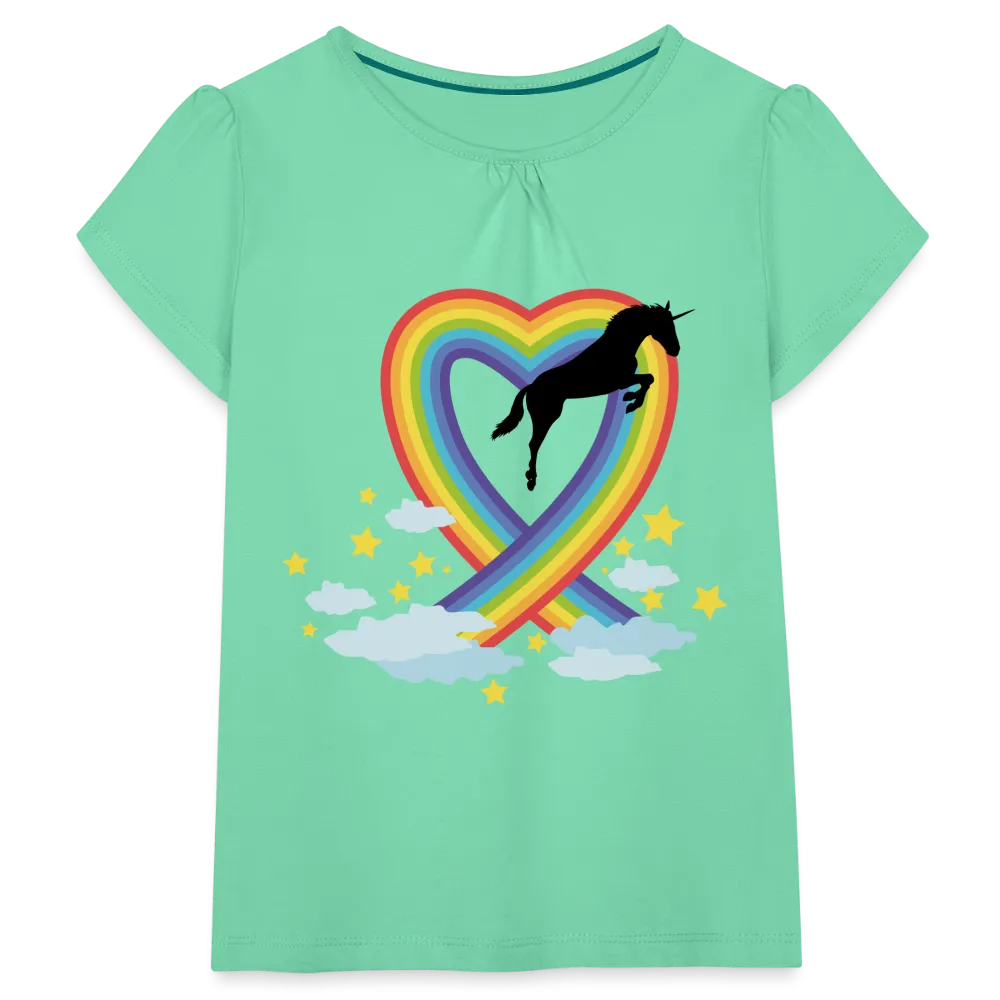 T-shirt à fronces au col Fille Licorne et Cur en arc-en-ciel